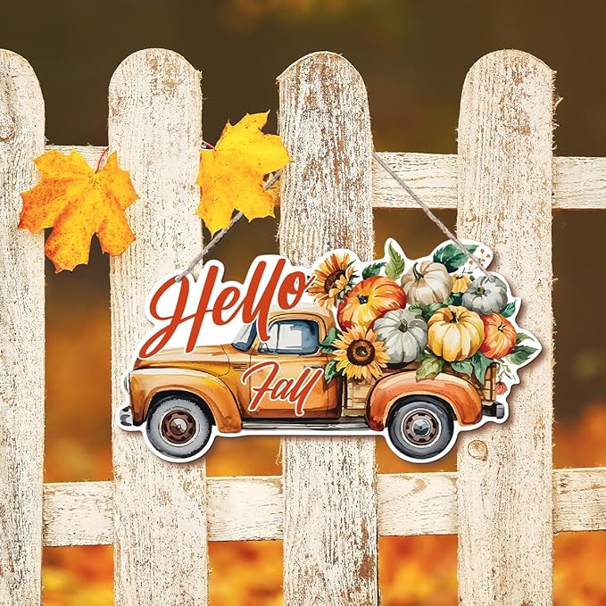 Hello Fall Wood Hanging Truck Decoration, Autumn Wooden Signs, Rustic Thanksgiving Decoration, Home Interior And Exterior Decor, Autumn Harvest Thanksgiving Home Decor
