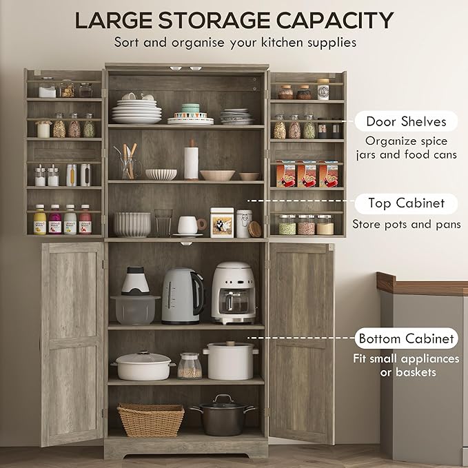 HOMCOM 72" Farmhouse Kitchen Pantry Cabinet, Freestanding Tall Storage Cabinet with 4 Barn Doors, 4 Adjustable Shelves and 8 Door Shelves, Gray Wash