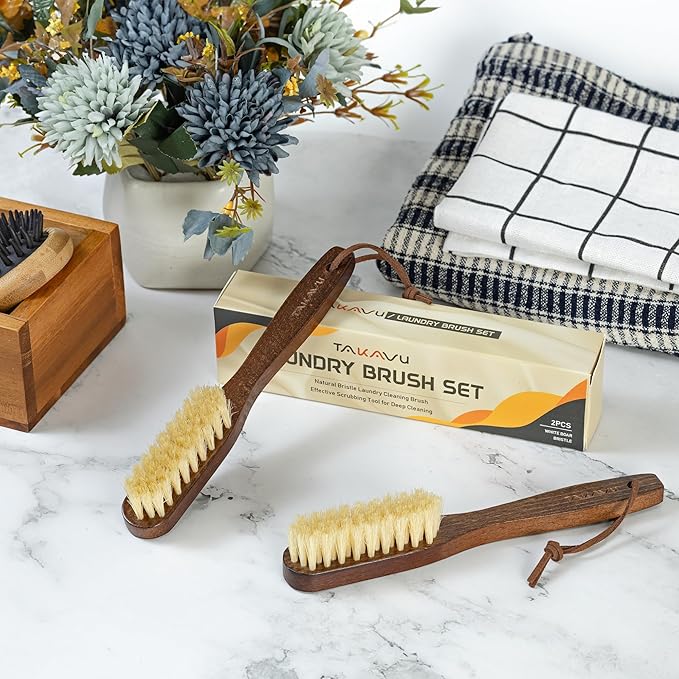 Takavu White Boar Bristle Laundry Stain Brush Set (2 Pack) - Small Spot Cleaner Scrubber for Clothes, Fabric Pre-Wash Treatment, Delicate Garment Care