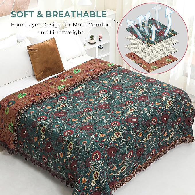 Boho Fall Throw Blanket for Bed,100% Ultra Cotton Soft Breathable Bed Throw Floral Printed Farmhouse Decor Rustic Bed Throws for Couch Sofa Quilt 80" x 90"