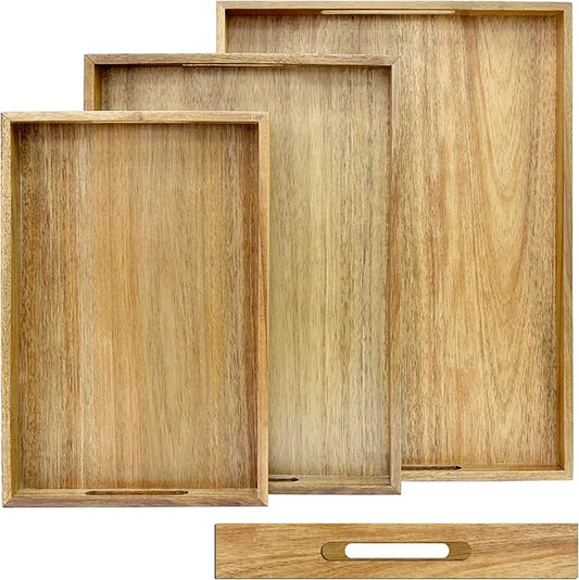 3 Pack Acacia Wood Serving Tray with Handles, Decorative Serving Trays Platter for Breakfast in Bed, Lunch, Dinner, Patio, Ottoman, Coffee Table, BBQ, Party, Great for Lap &Couch (Set of 3)