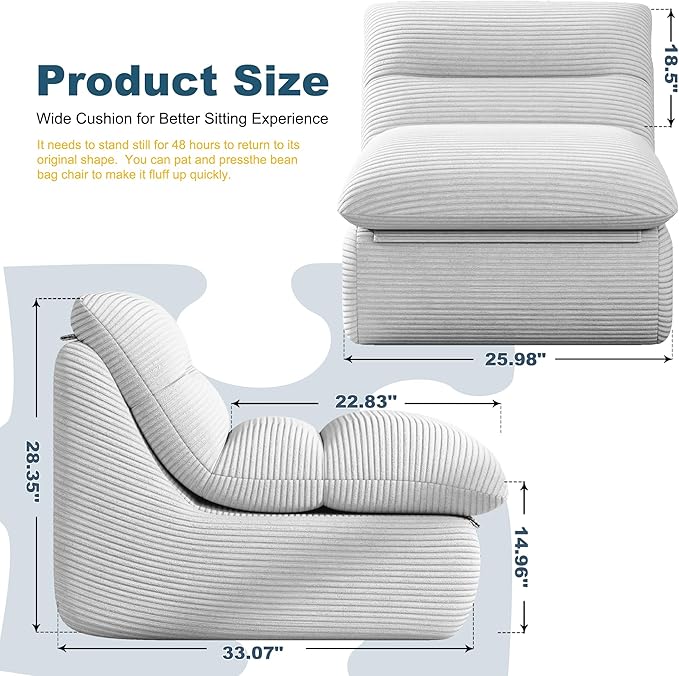 Misolant Bean Bag Chairs,Big Corduroy Fabric Sofa Bean Bag Chair for Adults and Teens with High-Resilience Sponge, Non-Slip Base Floor Lounge Sofa for Home, Living Room, Bedroom, Gaming Light Gray