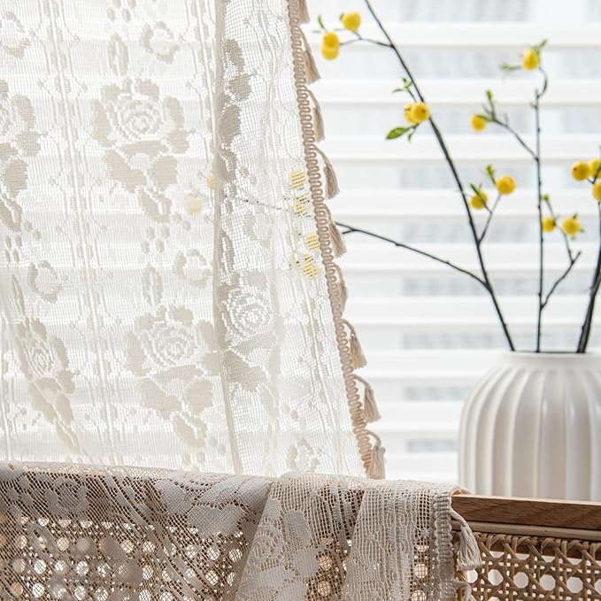 Sutuo Home Beige Boho Curtains for Bedroom Kid's Room,Bohemian Crochet Floral Embroidery Sheer Lace Curtains With Tassels Vintage Rustic Window Treatment Country Drape Rod Pocket 1 Panel 59" W x 90" L
