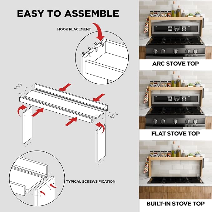 Edgecrest Bamboo Over The Stove or Sink Modern Spice Shelf, No Annoying Middle Screw, 31.5ā Wide Storage, 11.4ā High Countertop Shelf, 6 Side Hooks, Easy to Assemble, Eco-Friendly Durable Material