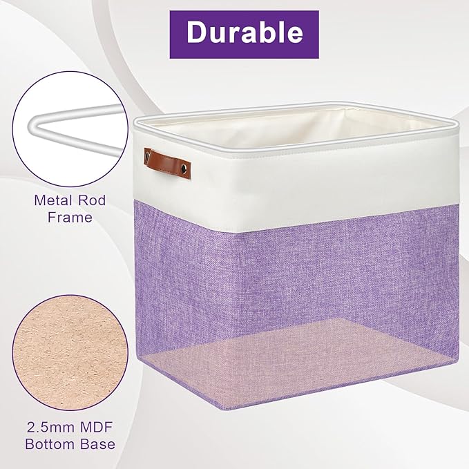 Large Fabric Storage Baskets | 50L Storage Bins, Decorative Linen Closet Baskets with Handles for Organizing, Shelf, Toys, Clothes, Home, Office, Nursery, 17x12x15Inches (Purple&White)
