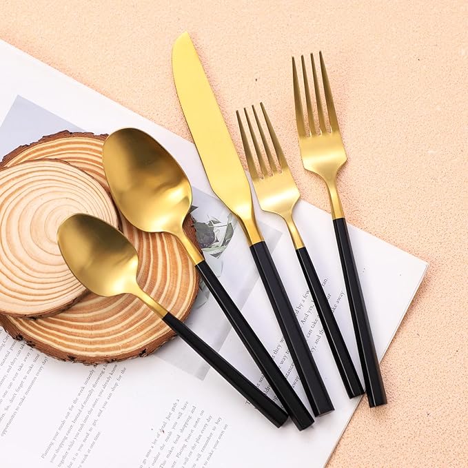 Matte Silverware Set Gold Flatware Set with Hexagon Handle 20 Pieces 18/0 Stainless Steel Cutlery Set Wedding Housewarming Gift Service for 4 (Matt black gold)