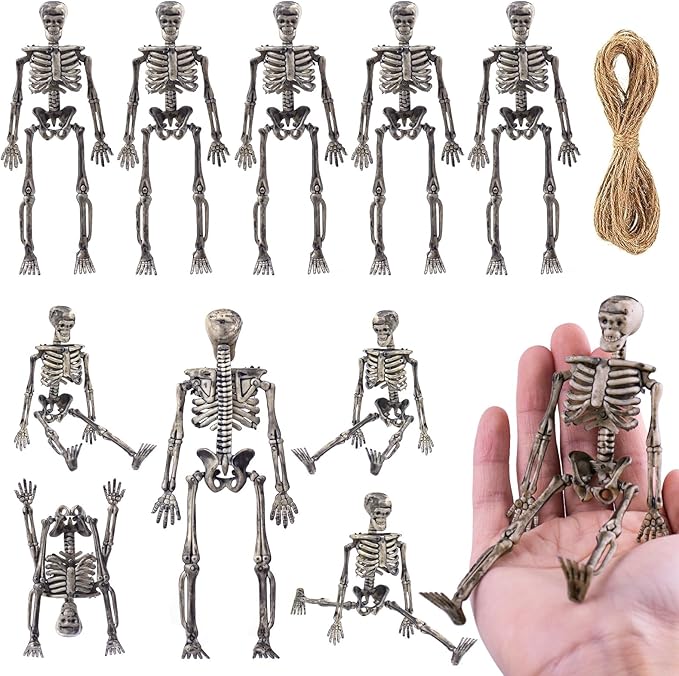 10 Pcs mini skeleton halloween decoration With hemp rope,6”small plastic posable halloween tiny skeleton figurines decor for Halloween Indoor Outdoor Graveyard Decor Haunted House Party Favors