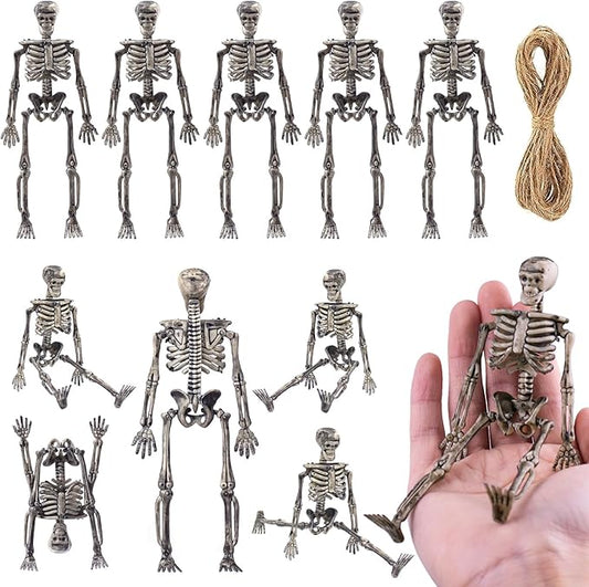 10 Pcs mini skeleton halloween decoration With hemp rope,6”small plastic posable halloween tiny skeleton figurines decor for Halloween Indoor Outdoor Graveyard Decor Haunted House Party Favors