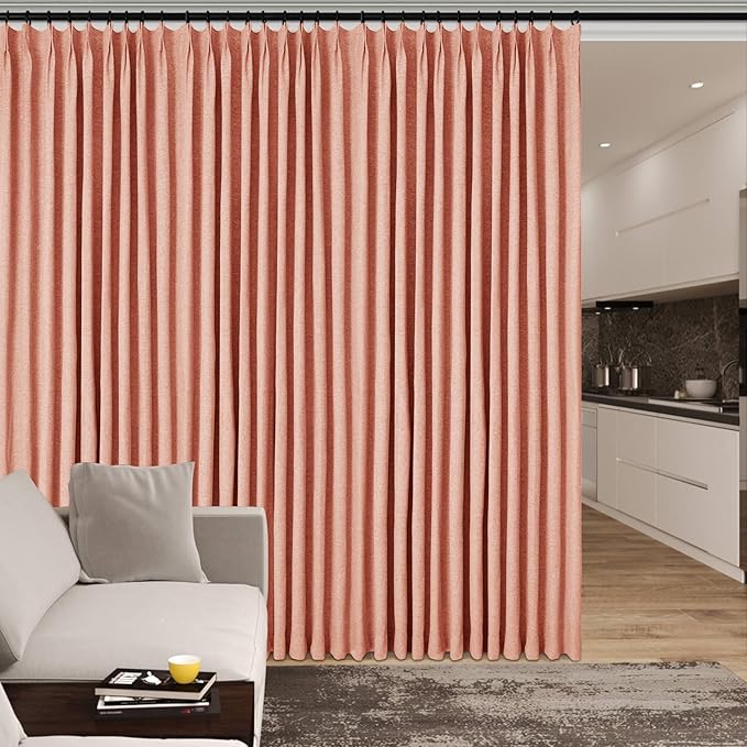 70" W x 108" L Faux Linen Room Divider Curtains, Full Blackout Pinch Pleated Drapes for Traverse Rod, Bedroom Divider Privacy Drapery with Hooks for Ceiling Track, 1 Panel, Orange