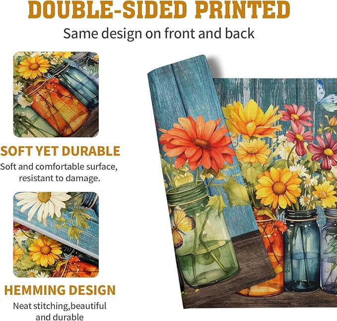 Rustic Daisy Placemats Set of 4 Vintage Flower Vases Wood Grain Linen Table Mats 12x18 Inch Summer Floral Wooden Board Farmhouse Washable Place Mat for Party Kitchen Dining Outdoor Indoor Decor