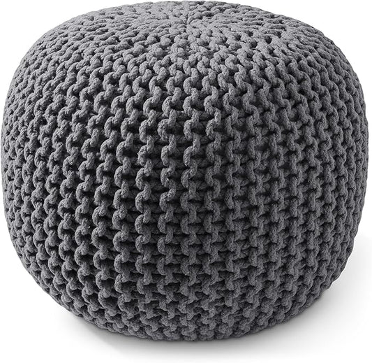 Casafield Round Pouf Ottoman, Dark Gray - 20" Diameter x 14.5" High Cotton Knit Foot Stool - Boho Floor Pouffe for Living Room, Bedroom, Home Office