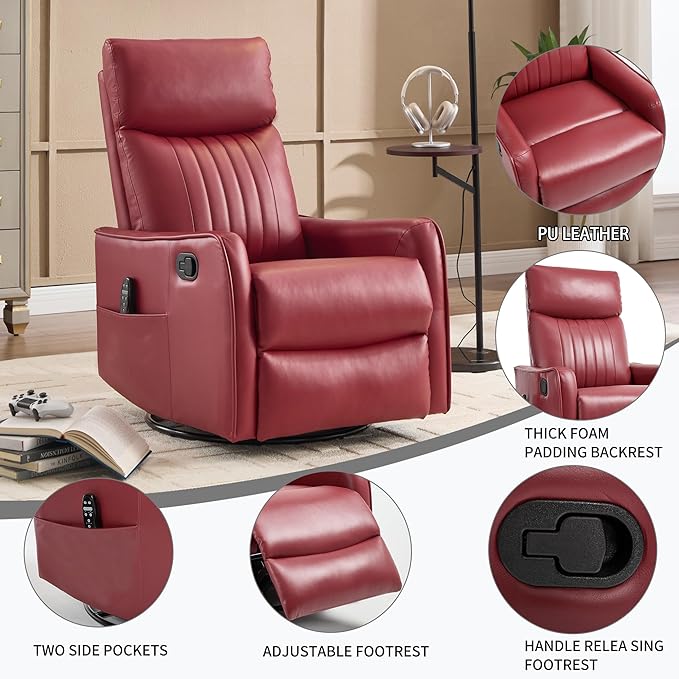 Manual Swivel Rocker Recliner Chair for Adults, Overstuffed Reclining Glider Chair for Nursing with Vibration Massage & Heat, Living Room Rocking Recliner 2-Stage backrest, Faux Leather Red