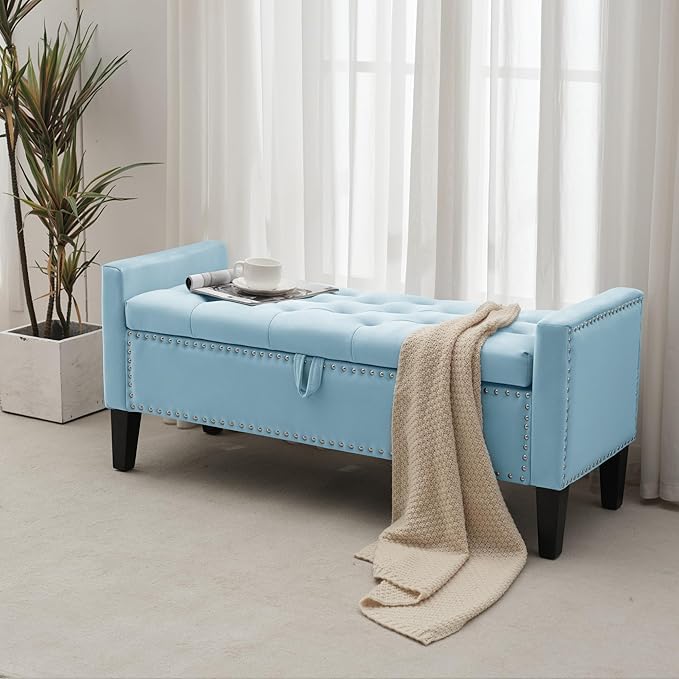 Storage Ottoman Bench, Velvet Upholstered Footstool for Bedroom and Living Room, Tufted Seat with Storage, Wooden Legs & Metal Rivets, Light Blue