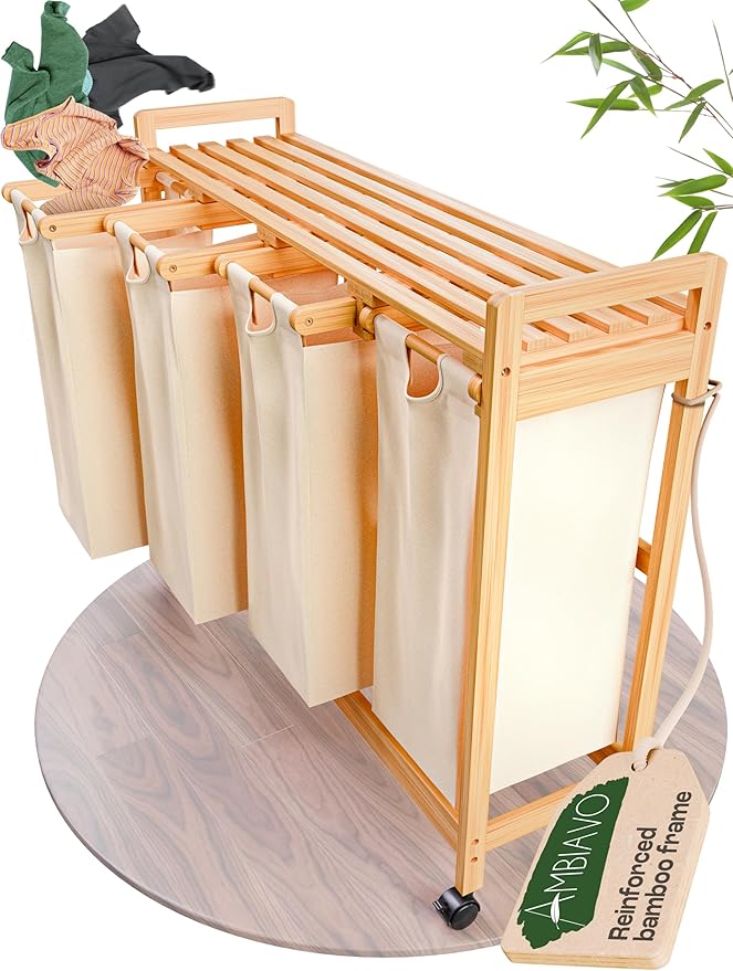 Laundry Sorter with 4 Sections beige, Hamper with Removable Cotton Bags & Wheels ā Perfect Laundry Organizer - Eco-Friendly Rolling Laundry Basket ā Durable Bamboo and Stylish Design