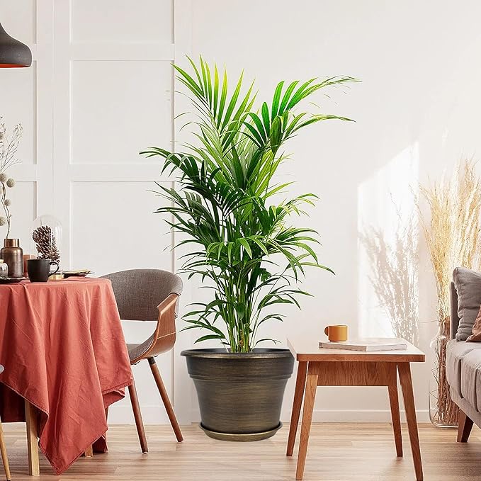 16 inch Plant Pots Outdoor Planters,4 Pack Large Plastic Flower Pot for Indoor Plants with Drainage Holes & Saucer, Resin Decorative Container Sets with Trays for House Outdoor Garden Plant Dark Gold