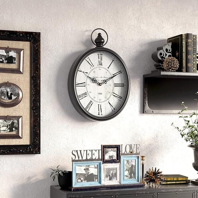 Menterry Oval Retro Wall Clock, Rustic Vintage Style, Black Antique Design, Battery Operated Silent Decor Large Wall Clocks for Kitchen,Farmhouse,Office (15.5" H x 10.5" W)