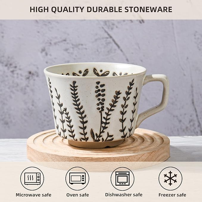 Ceramic Coffee Mug, 12 oz Novelty Unique Teacup with Large Handle, Stoneware Cup for Tea Mocha Latte Cappuccino Espresso (Grass)
