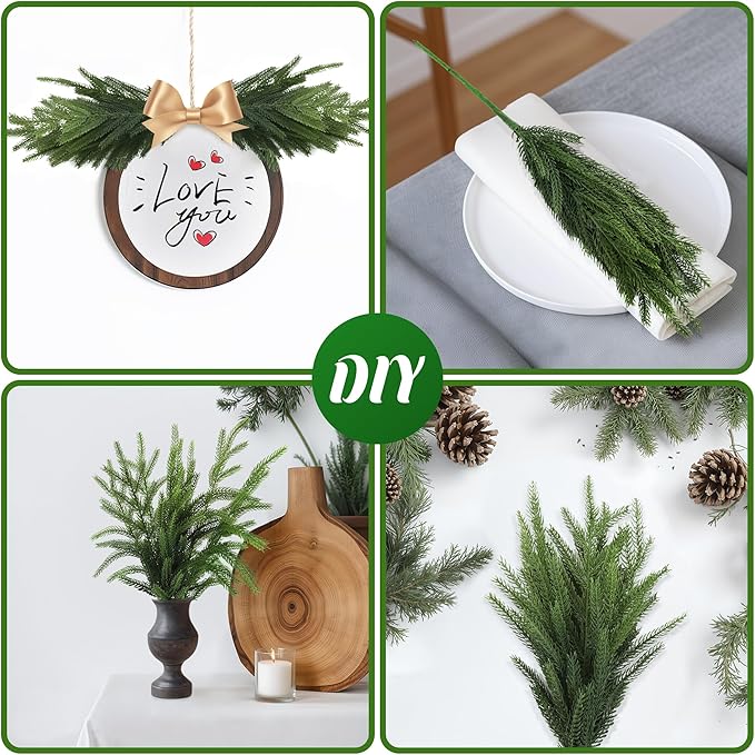 WeGuard 32 Pcs Real Touch Artificial Norfolk Pine Branches, 18 Inches Faux Cedar Pine Stem Fake Christmas Greenery Picks for Vase DIY Garland Wreath Christmas Decor Home Decor