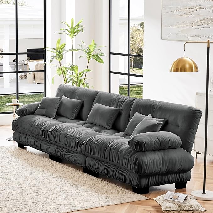 Modular Sectional Sofa Cloud Couch 3-Seater Deep Seat Sofa Couch, Oversized Couch Bed Sectional Couch with Round Bolster Armrests 5 Pillows, Modern Sofa Chair Comfy Couch(Gray)