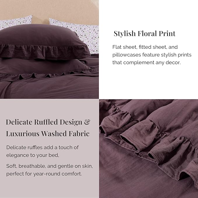 King Comforter Set - 7 Pieces Ruffle Purple Bedding Sets, Shabby Chic Farmhouse Bed in a Bag King with Ruffle Comforter, Floral Sheets, Pillowcases & Shams