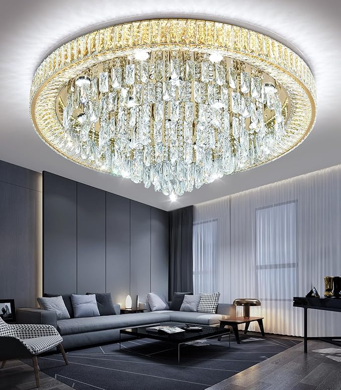 Modern Crystal Large Chandeliers LED Dimmable Flush Mount Ceiling Chandeliers for Living Room High Ceiling Entrance Foyer Bedroom