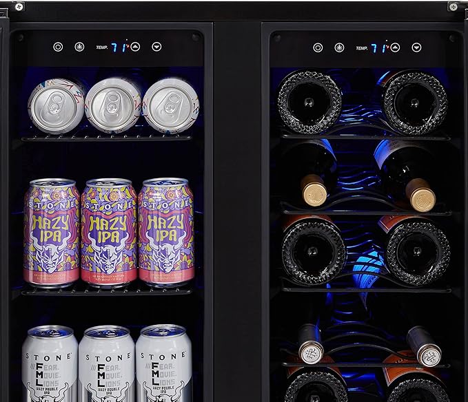 NewAir 24" Dual Zone Wine and Beverage Refrigerator, 18 Bottle & 58 Can, French Door Built-In Fridge with Lock, Black Stainless Steel Cooler, Digital Thermostat, Adjustable Shelves