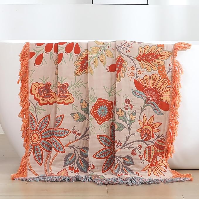 Boho Fall Throw Blanket for Bed,100% Ultra Cotton Soft Breathable Bed Throw Floral Printed Farmhouse Decor Rustic Bed Throws for Couch Sofa Quilt 60" x 80"-Orange& Sage Green