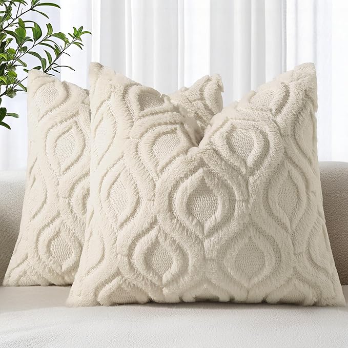 decorUhome Fall Throw Pillow Covers 16x16 Inch Set of 2, Soft Plush Decorative Faux Fur Beige Solid Couch Pillow Covers, Accent Farmhouse Neutral Square Euro Pillow Cases for Sofa Bed Living Room