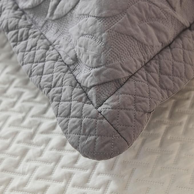MarCielo 3-Piece 100% Cotton Oversized Bedspread Lightweight Quilt Coverlet Embroidery Farmhouse Bedding Set T0 (Light Grey, Oversized King (118"x106"))