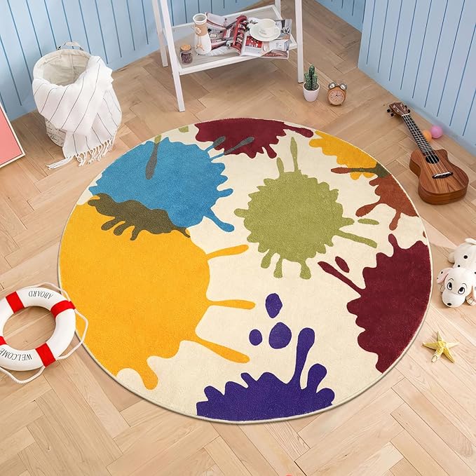 STARUIA Art Round Rug for Playroom, 4'x4' Colorful Kids Rug for Nursery, Non-Slip Small Circle Rugs for Kids Room, Machine Washable Bedroom Rugs Soft Circular Office Carpet for Preschool Dorm