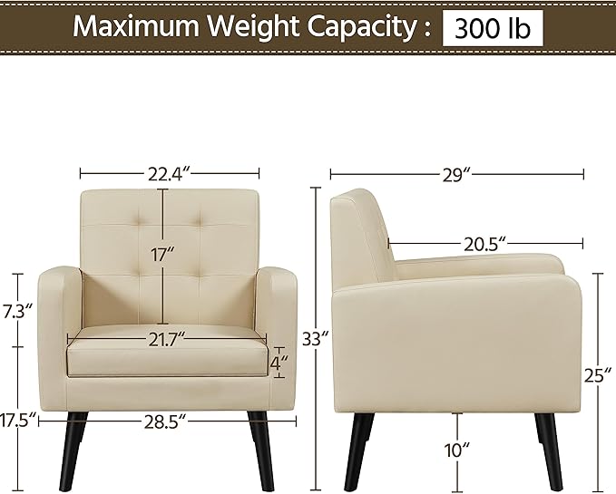 Yaheetech Mid-Century Accent Chairs, PU Leather Modern Upholstered Living Room Chair, Cozy Armchair Button Tufted Back and Wood Legs for Bedroom/Office/Cafe Beige 2PCS