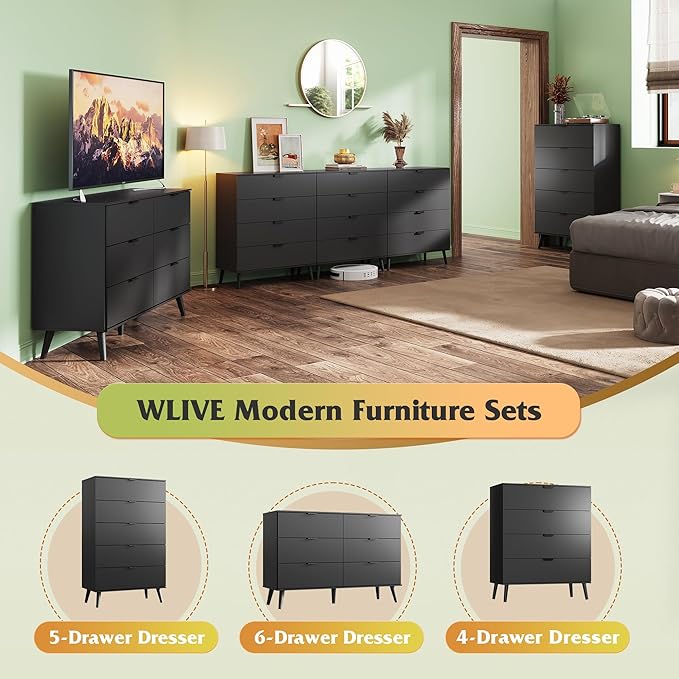 WLIVE 4 Drawer Dresser for Bedroom, Tall Wood Dresser, Modern Black Dressers with Sturdy Metal Handle, Small Chest of Drawers for Living Room, Hallway