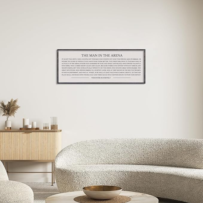LuZhiQiang The Man in the Arena Wall Decor 32''x12'' Inspirational Quotes Office Wood Framed Sign Rustic Home Motivational Art For Man Entrepreneur Morden Living Room Wall Hanging Decor (Black)