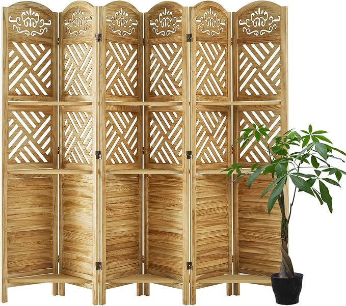 Room Divider with Shelves, 68.9inch Wood Carved and Louvered Wall Divider Freestanding, 6 Panels Folding Partition Screen for Bedroom Home Office (Natural)