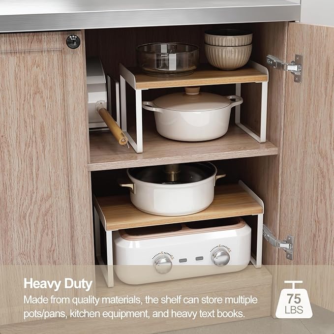 Mitus Shelf Organizer and Storage, Tiered Wood Cabinet Rack for The Kitchen Counter, Bathroom Counter, Pantry Cupboard, Office Desk Bookshelf, 16" Wide Natural and Black