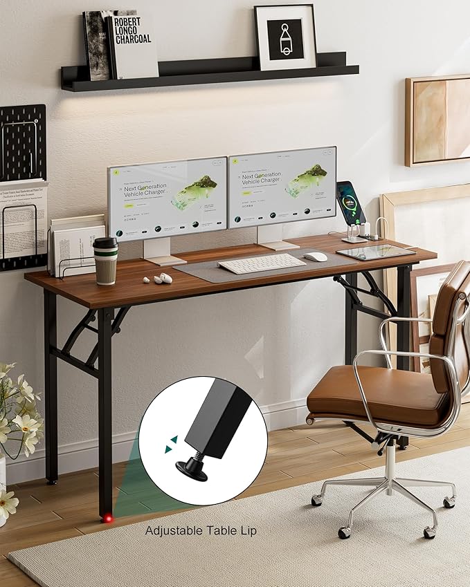 Frylr Small Folding Computer Desk β 55.1 Inch Portable Table for Craft and Study, Lightweight Desk for Small Spaces, Foldable Laptop Table Built-in AC/USB Outlets for Convenience, Dark Walnut