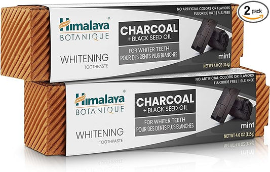 Himalaya Botanique Whitening Antiplaque Toothpaste with Charcoal + Black Seed Oil, Fluoride Free, for Whiter Teeth, 4 oz, 2 Pack…