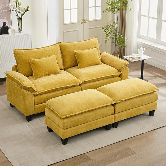 URRED Modular Sectional Sofa Comfy Cloud Couch, Modern Chenille Sofa Sleeper Deep Seat Couches with Ottoman/Pillows for Living Room (Yellow, 82.6''- 2 Ottomans)