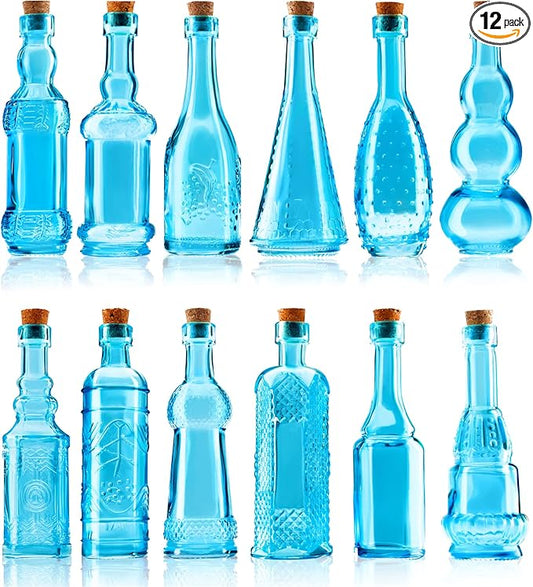 Small Blue Vintage Glass Bottles with Corks, Mini Vases, Decorative, Potion, Assorted Design Set of 12 pcs, 4.6 Inch Tall (11.43cm), 1.4 Inch Wide (3.56cm)