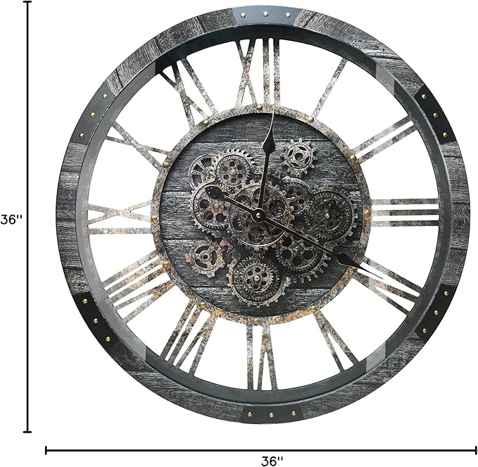 DORBOKER 36" Extra Large Wall Clock with Moving Gears, Oversized Giant Industrial Steampunk Rustic Clocks for Wall Decor Living Room Home Office, Solid Wood Retro Metal,Carbon Grey