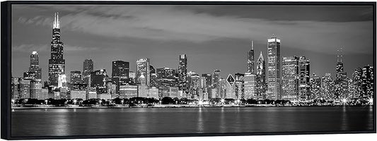 Wieco Art Framed Wall Art Chicago City Center Skyline Black and White Wall Decor Canvas Prints Modern Cityscape Wall Decorations for Living Room Pictures for Bedroom Decorations