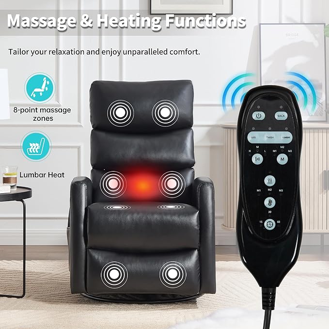 Manual Swivel Rocker Recliner Chair for Adults, Overstuffed Reclining Glider Chair for Nursing with Vibration Massage & Heat, Living Room Rocking Recliner 3-Stage backrest, Faux Leather Black