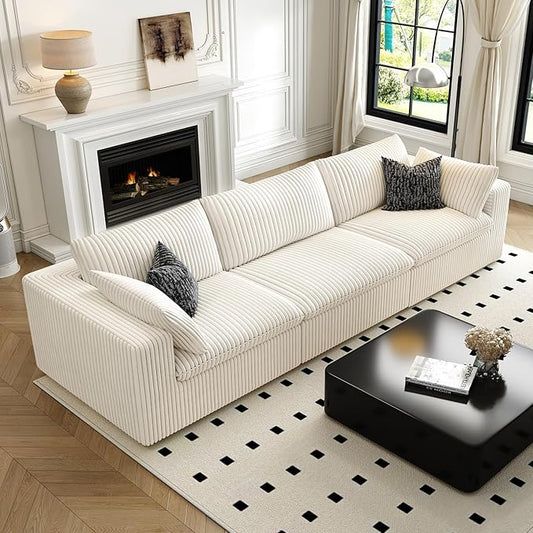 118" Cloud Couch Modular Sectional Sofa for Living Room,Modern Sofa with Deep Seat,3 Seater Boneless Couch,Comfy Upholstered Corduroy Couches for Apartment, Studio, Office,Bedroom,White