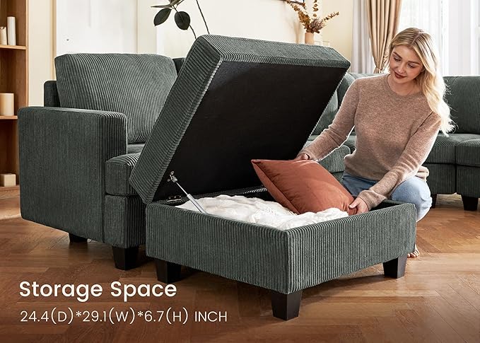 Nolany Sectional Sofa with Storage Ottoman, Corduroy Modular Sectional Couch, U Shape Sectional Couches for Living Room, Green