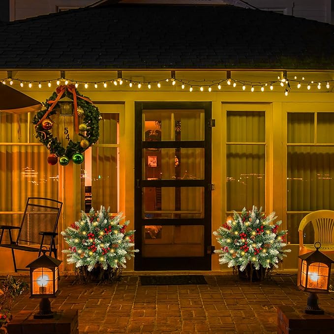 2 Pack Lighted Artificial Christmas Urn Filler, Battery Operated Pre-lit Xmas Pine Trees, Tripod Stake and 60 LED Lights, Holiday Porch Decorations for Porch, Yard, Garden, Flower Beds(Warm White)