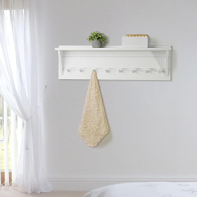 WEBI Coat Rack Wall Mount with Shelf,8 Peg Hooks,34" Long Entryway Wall Shelf with Hooks Underneath for Hanging Coats,Caps,Jacket,Clothes,White