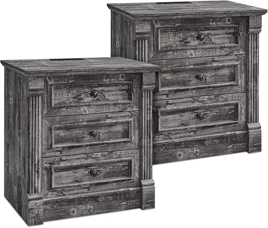 26" Tall Farmhouse Nightstand Set of 2, 3 Drawers End Table w/Charging Station, 23.6" Wide Large Side Table w/Roman Column, Wood Rustic Sofa Table for Bedroom, Light Gray