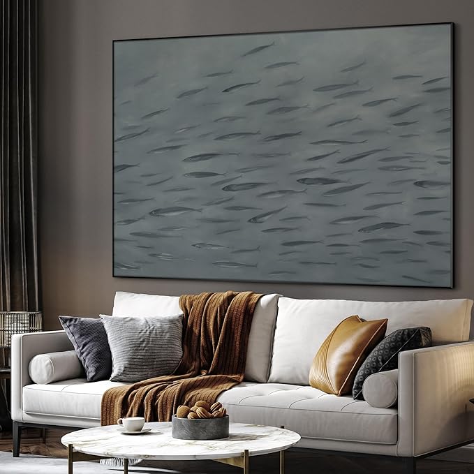 SIGNWIN 36"x46" Extra Large Framed Wall Art Gray School of Fish Minimalist Ocean-Inspired Marine Life Illustration for Home Living Room Bedroom Decor (Frame Assembly Required)