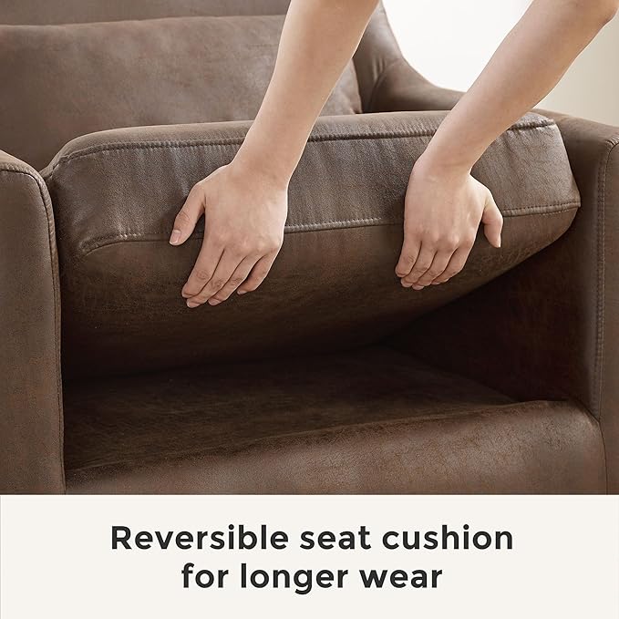 Extra Deep Accent Chair, Comfy Fabric Armchair with Wood Base, Upholstered Single Sofa Chair for Living Room & Bedroom, Faux Leather Dark Brown