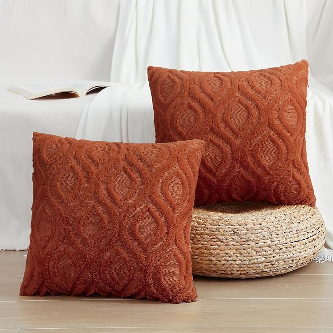 decorUhome Fall Throw Pillow Covers 16x16 Inch Set of 2, Soft Plush Decorative Faux Fur Rust Solid Couch Pillow Covers, Accent Farmhouse Neutral Square Euro Pillow Cases for Sofa Bed Living Room